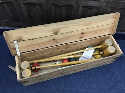 Lot 238 - A VINTAGE CROQUET SET, VINTAGE SKI'S, ICE SKATES AND OTHER ITEMS