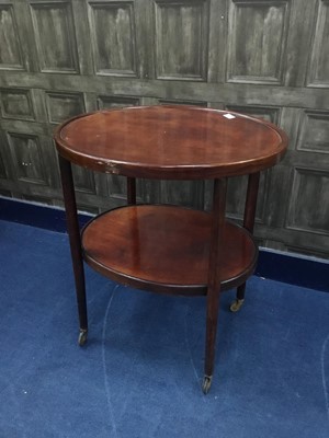 Lot 242 - A STAINED WOOD OVAL TWO TIER TROLLEY, CIRCULAR TABLE AND ANOTHER TABLE
