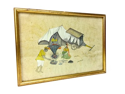 Lot 866 - FIGURES AROUND A CAMPFIRE BY A TENT AND CARAVAN, A WATERCOLOUR BY HASSAN MAJAMDAR