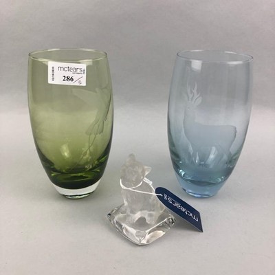 Lot 286 - A LOT OF TWO ART GLASS VASES ALONG WITH A DOG PAPERWEIGHT