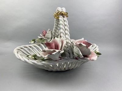 Lot 292 - A CAPO DI MONTE FLORAL ENCRUSTED BASKET ALONG WITH A EWER AND A COALPORT LADY