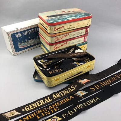 Lot 344 - A LOT OF VARIOUS HAT RIBBONS CONTAINED IN 'BENSONS' SWEET TINS