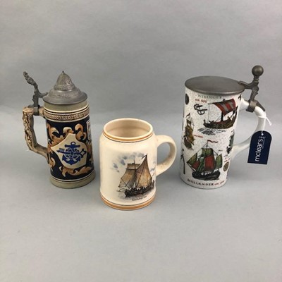 Lot 345 - A BLACK STAR LINE TANKARD AND OTHERS IN GERMAN CERAMIC EXAMPLES