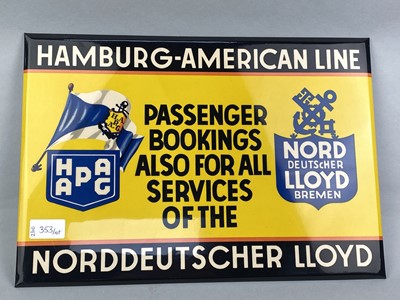 Lot 353 - A HAMBURG-AMERIKA LINIE GLASS SIGN, ANOTHER SIGN AND VARIOUS POSTCARDS