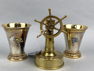 Lot 354 - A BRASS MODEL OF A SHIPS WHEEL AND OTHER BRASS AND COPPER WARE