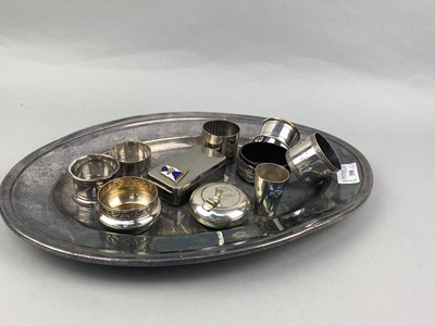 Lot 358 - A SILVER PLATED SERVING TRAY, SPOONS, NAPKIN RINGS AND OTHER ITEMS