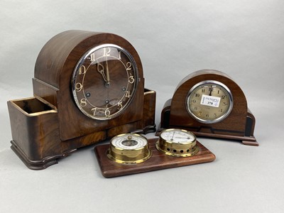 Lot 370 - A MAHOGANY CASED MANTEL CLOCK, ANOTHER CLOCK AND A BAROMETER