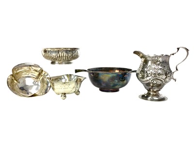 Lot 544 - AN EARLY 20TH CENTURY SILVER QUAICH ALONG WITH A CREAM JUG, BONBON DISH AND TWO OPEN SALTS