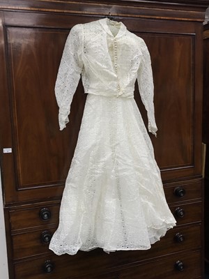 Lot 410 - A VINTAGE WEDDING DRESS, TAIL COAT AND A TOP HAT