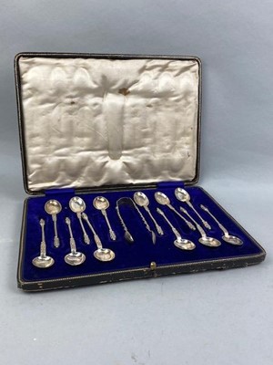 Lot 428 - A CONTINENTAL SILVER SPOON AND TONG SET AND OTHER SILVER PLATED CUTLERY