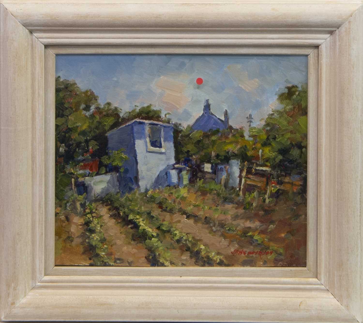 Lot 402 - THE BLUE SHED, AUCHMITHIE, AN OIL BY J D HENDERSON