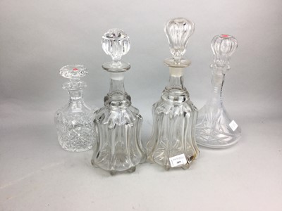 Lot 389 - A PAIR OF 20TH CENTURY GLASS DECANTERS WITH STOPPERS AND TWO OTHERS