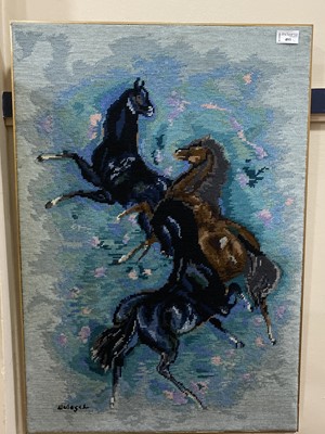 Lot 493 - A WALL HANGING TAPESTRY DEPICTING HORSES AND FOUR PRINTS OF OTHER ANIMALS