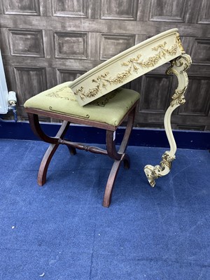 Lot 491 - A 20TH CENTURY MAHOGANY STOOL AND A WALL MOUNTING ORNATE SIDE TABLE