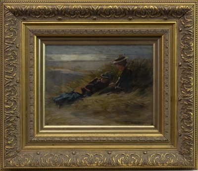 Lot 58 - TWO YOUNG LADIES SEATED AMONGST DUNES, AN OIL BY GEORGE HALL-NEALE