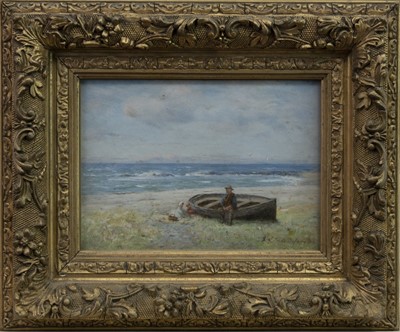 Lot 60 - FIGURES BY A BEACHED BOAT, AN OIL BY JOSEPH HENDERSON