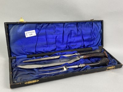 Lot 175 - A HORN HANDLED CARVING SET AND PLATED ITEMS