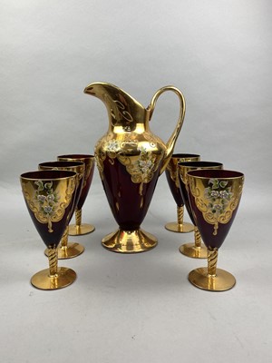 Lot 176 - A BOHEMIAN STYLE GLASS JUG AND SIX GOBLETS