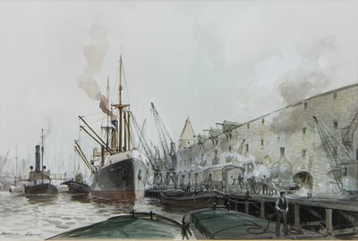 Lot 411 - DOCKSIDE, STEAMERS, A WATERCOLOUR BY PETER CECIL KNOX