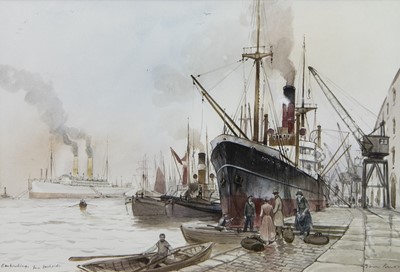 Lot 412 - EMBARKING - THE DOCKSIDE, A WATERCOLOUR BY PETER KNOX