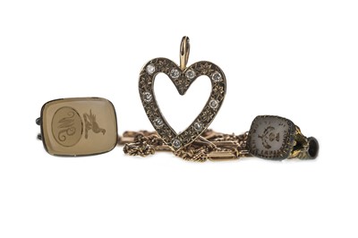Lot 310 - A DIAMOND HEART PENDANT, TWO SEAL FOBS AND A GUARD CHAIN