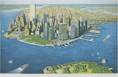 Lot 539 - MANHATTEN VIEW, GOVENORS ISLAND, A HAND COLOURED ETCHING BY RICHARD JOHN HAAS