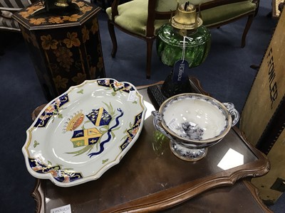 Lot 518 - A FRENCH ASHET, SAUCE TUREEN AND AN OIL LAMP