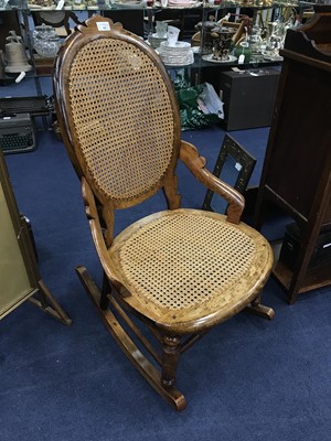 Lot 588 - AN OAK CANE BACK ROCKING CHAIR AND A MAHOGANY SINGLE CHAIR