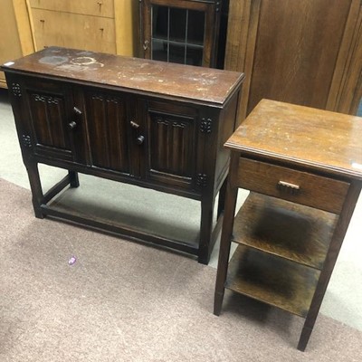 Lot 595 - A MAHOGANY TWO DOOR CUPBOARD AND AN OAK TWO TIER SIDE TABLE