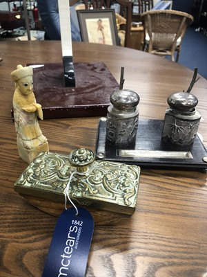 Lot 64 - AN EARLY 20TH CENTURY CHINESE WHITE METAL INK STAND, A SOAPSTONE FIGURE AND A BLOTTER