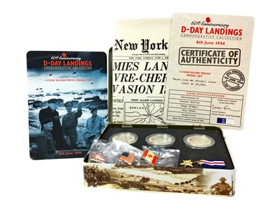 Lot 56 - THE 60TH ANNIVERSARY OF THE D-DAY LANDINGS SILVER PROOF THREE COIN AND MEDAL SET
