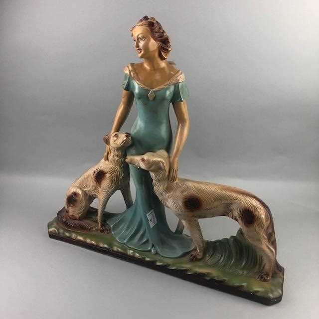 Lot 281 - AN ART DECO STYLE PLASTER FIGURE GROUP OF A LADY WITH TWO BORZOI DOGS