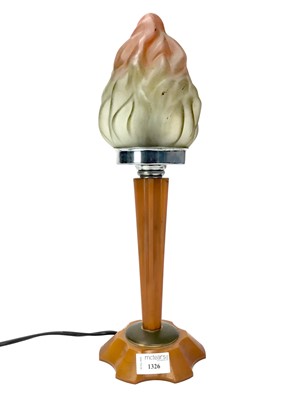 Lot 1326 - AN ART DECO TABLE LAMP WITH A GLASS FLAME SHADE