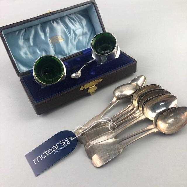 Lot 11 - A PAIR OF SILVER CIRCULAR SALT DISHES AND SILVER SPOONS