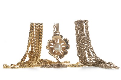Lot 391 - THREE GOLD CHAINS AND A PEARL PENDANT