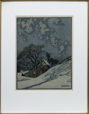 Lot 111 - WINTER SCENE, A WOODCUT BY SYLVAN G BOXSIUS