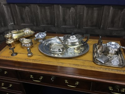 Lot 115 - A THREE PIECE PLATED TEA SERVICE AND OTHER PLATED WARE