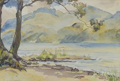Lot 420 - LANDSCAPE WITH LOCH, A WATERCOLOUR BY ISOBEL HOTCHKIS