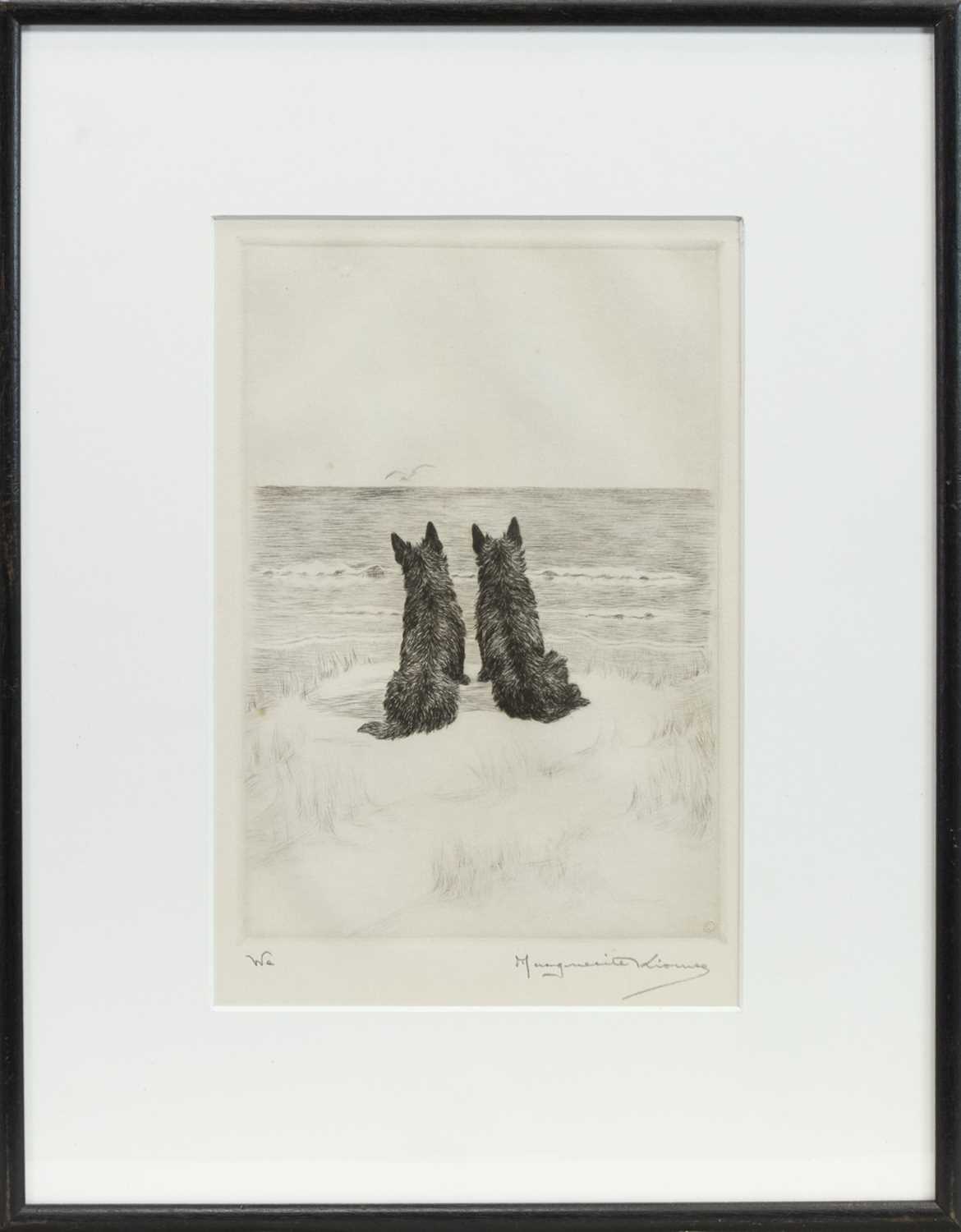Lot 422 - TWO DOGS BY THE SHORE, AN ETCHING BY MARGUERITE LOUISA KIRMSE