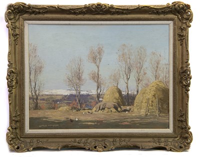 Lot 109 - HAYSTACKS AND POLARS IN AN AYRSHIRE LANDSCAPE, BY GEORGE HOUSTON