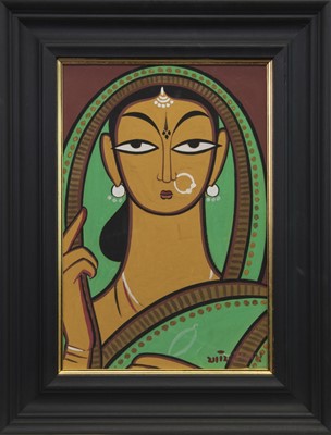 Lot 77 - GOPINI WITH EARRING, A GOUACHE BY JAMINI ROY