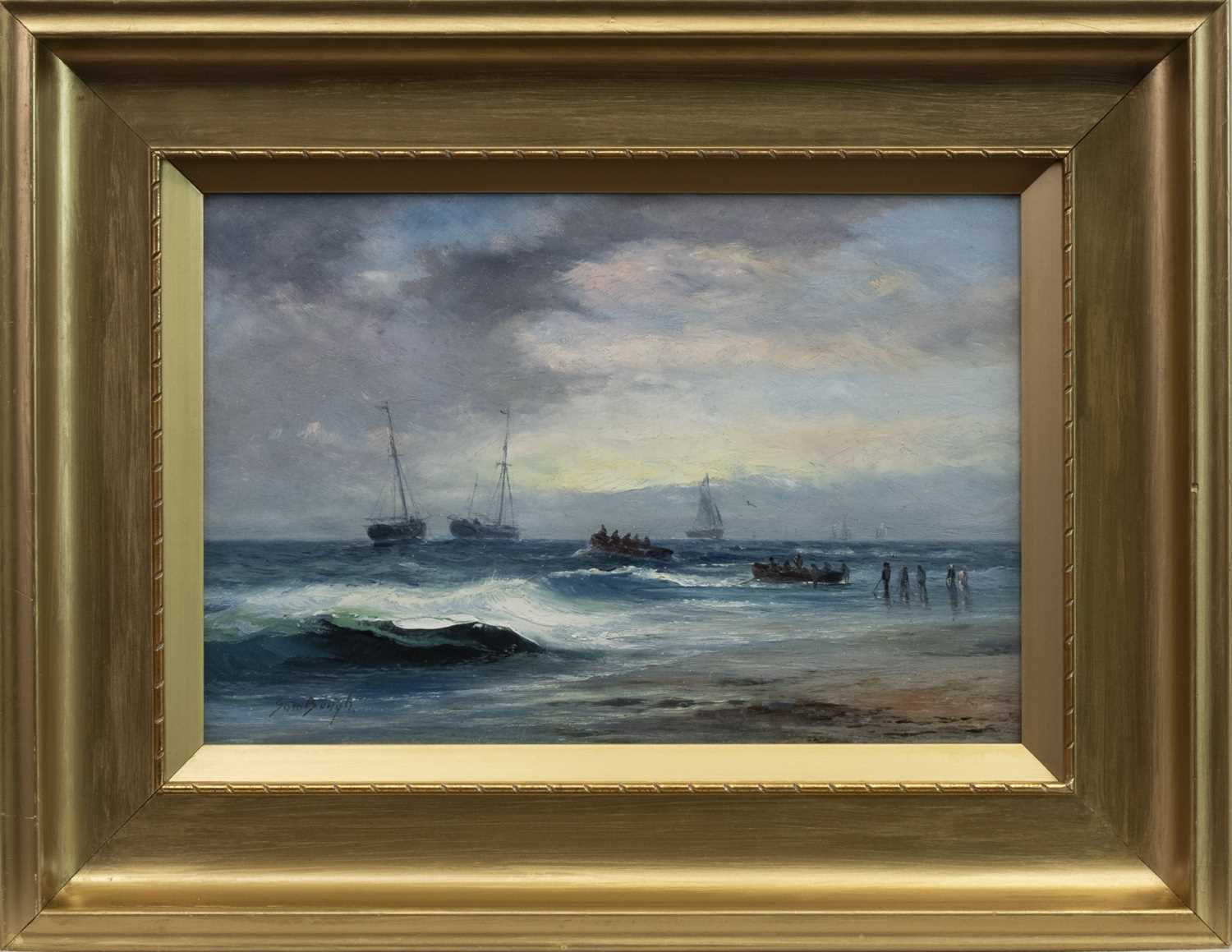 Lot 50 - LOADING THE BOATS, AN OIL BY SAM BOUGH