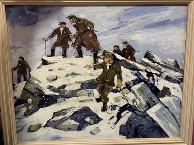 Lot 8 - FARMERS AND THEIR DOGS ON A HILL IN WINTER, AN OIL, FOLLOWER OF SIR KYFFIN WILLIAMS