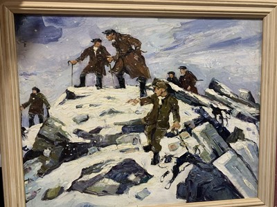 Lot 8 - FARMERS AND THEIR DOGS ON A HILL IN WINTER, AN OIL, FOLLOWER OF SIR KYFFIN WILLIAMS