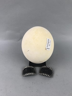 Lot 91 - A PAIR OF WHITE METAL SHOE BUCKLES AND AN OSTRICH EGG