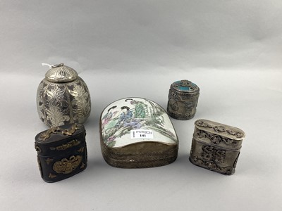 Lot 141 - A LOT OF CHINESE WHITE METAL BOXES AND SNUFF BOTTLES