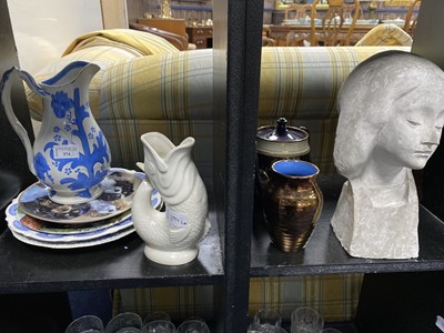 Lot 374 - A COMPOSITE FEMALE BUST, BLUE AND WHITE CERAMIC JUG AND OTHER CERAMICS