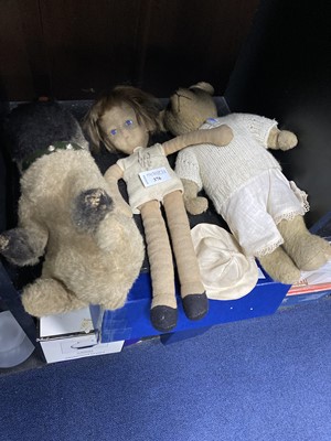 Lot 376 - A 20TH CENTURY TEDDY BEAR AND TWO OTHER SOFT TOYS