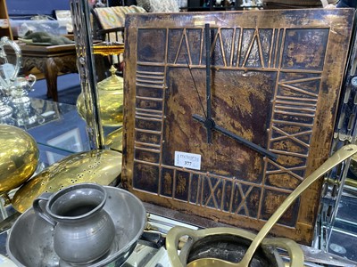 Lot 377 - A COPPER MOUNTED WALL CLOCK AND OTHER METAL WARE