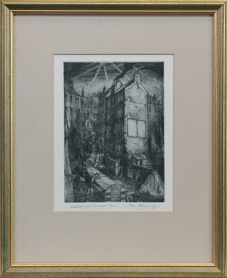 Lot 119 - SHELTERS IN A TENEMENT LANE, WWII, AN ETCHING BY IAN FLEMING